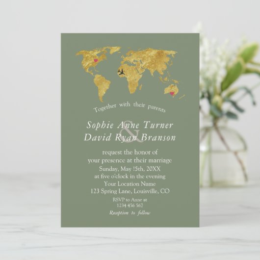 Gold World Map Destination Sage Green Wedding Kaart (Staand voorkant)