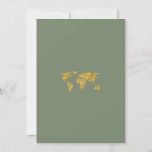 Gold World Map Destination Sage Green Wedding Kaart (Achterkant)