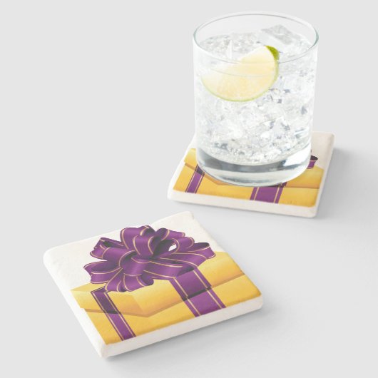 Gold Wrapped Gift Paars Ribbon Kerstmis Stenen Onderzetter (Zijkant)