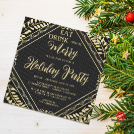 Gold Wreate and Black Holiday Party Invitation Kaart