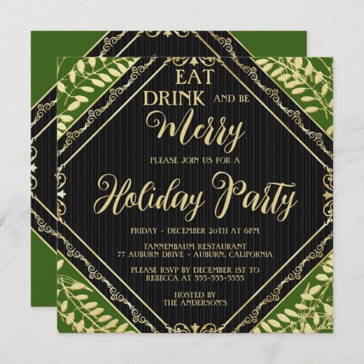 Gold Wreate and Green Holiday Party Invitation Kaart (Voorkant / Achterkant)