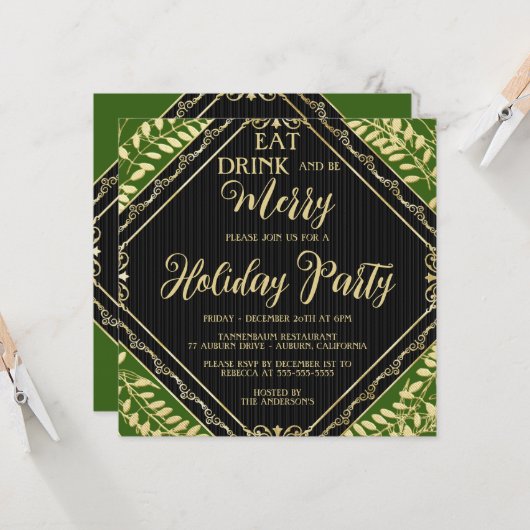 Gold Wreate and Green Holiday Party Invitation Kaart (Voorkant / Achterkant in situ)