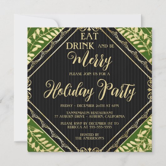 Gold Wreate and Green Holiday Party Invitation Kaart (Voorkant)