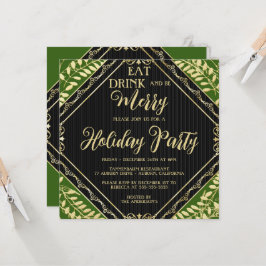 Gold Wreate and Green Holiday Party Invitation Kaart
