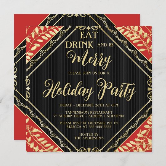 Gold Wreate and Red Holiday Party Invitation Kaart (Voorkant / Achterkant)