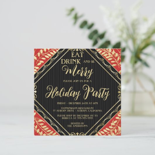 Gold Wreate and Red Holiday Party Invitation Kaart (Staand voorkant)