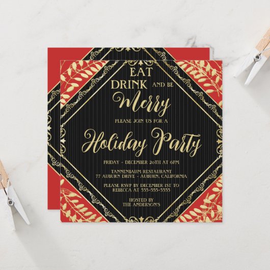 Gold Wreate and Red Holiday Party Invitation Kaart (Voorkant / Achterkant in situ)