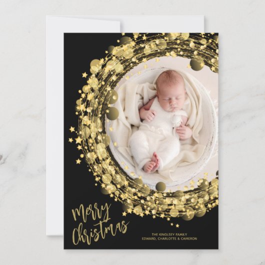 Gold Wreate op Black Merry-kerstfoto Feestdagenkaart (Voorkant)