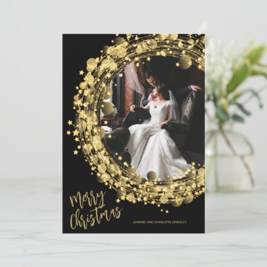 Gold Wreate op zwarte kerst Feestdagenkaart (Staand voorkant)