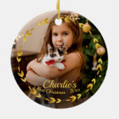 Gold Wreated Cat First Kerstmis Eenvoudige foto Keramisch Ornament (Achterkant)