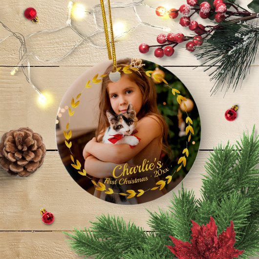 Gold Wreated Cat First Kerstmis Eenvoudige foto Keramisch Ornament