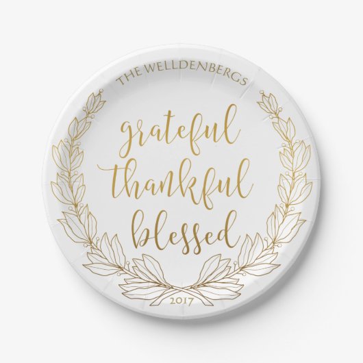 Gold Wreath Grateful Thankful Blessed Monogram Papieren Bordje (Voorkant)