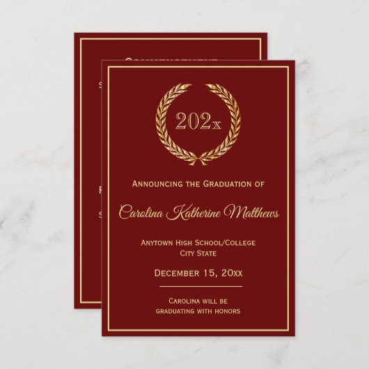 Gold Wreath Maroon Afstuderen Aankondiging (Voorkant / Achterkant)