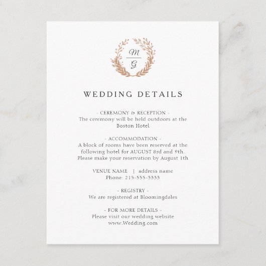 Gold Wreath met een monogram. Bruiloft details Informatiekaartje (Voorkant)