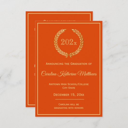 Gold Wreath Sinaasappel Afstuderen Aankondiging (Voorkant / Achterkant)