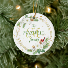 Gold Wreath White Berries, Petunias en Kardinaal Keramisch Ornament