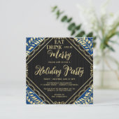 Gold Wreator and Blue Holiday Party Invitation Kaart (Staand voorkant)