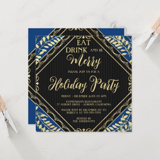 Gold Wreator and Blue Holiday Party Invitation Kaart (Voorkant / Achterkant in situ)