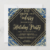 Gold Wreator and Blue Holiday Party Invitation Kaart (Voorkant)