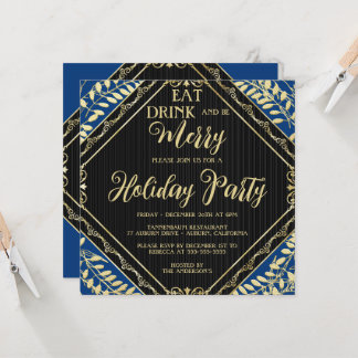 Gold Wreator and Blue Holiday Party Invitation Kaart