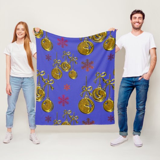 Gold Xmas Baubles en Snowflakes Blauwe Kerstmis Fleece Deken (In situ)