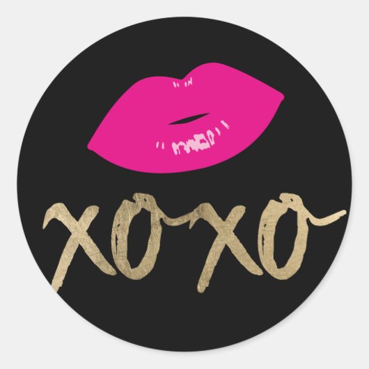 Gold XOXO Typografie Hot Pink Lips Moderne Black Ronde Sticker (Voorkant)