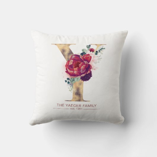 Gold Y Monogram Floral Burgundy Red Kussen (Achterkant)