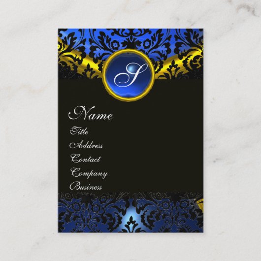 GOLD YELLOW BLACK BLUE SAPPHIRE DAMASK MONOGRAM VISITEKAARTJE (Voorkant)