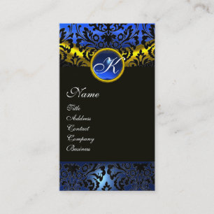 GOLD YELLOW BLACK BLUE SAPPHIRE DAMASK MONOGRAM VISITEKAARTJE