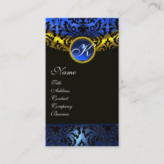 GOLD YELLOW BLACK BLUE SAPPHIRE DAMASK MONOGRAM VISITEKAARTJE (Voorkant)