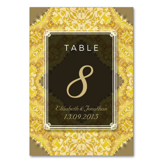 Gold Yellow Damask Wedding Table Number Kaart (Achterkant)