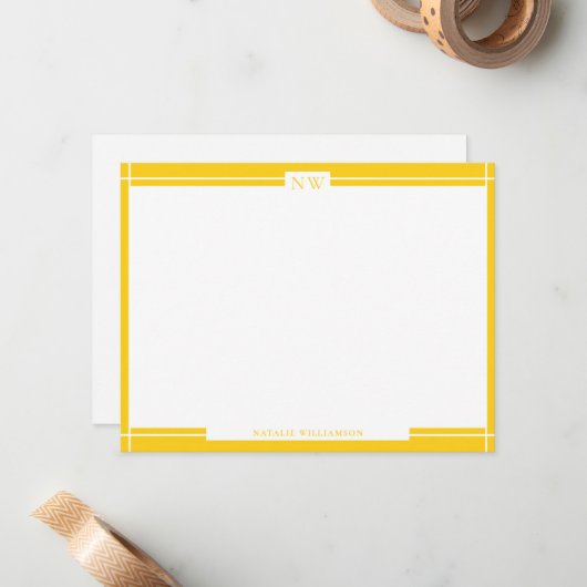 Gold Yellow Decorative Border Monogram Note Card Notitiekaartje (Voorkant / Achterkant in situ)