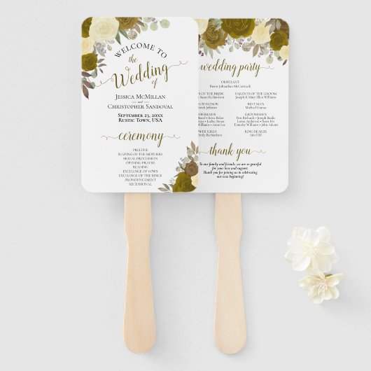 Gold & Yellow Floral Elegant Wedding Programme Handwaaier (Voorkant en achterkant)