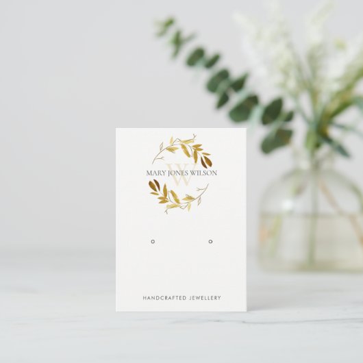 GOLD YELLOW FOLIAGE MONOGRAM EARRING DISPLAY LOGO VISITEKAARTJE (Staand voorkant)