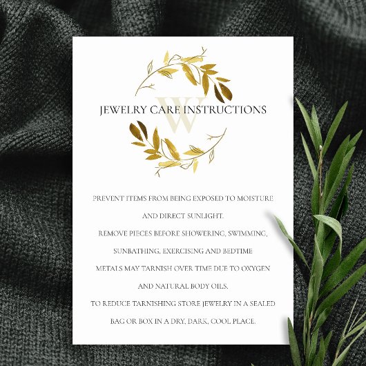 GOLD YELLOW FOLIAGE MONOGRAM JEWELRY CARE CARD VISITEKAARTJE