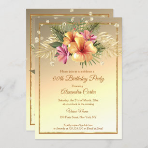 Gold yellow Pink Sepia Hibiscus Birthday Party Kaart