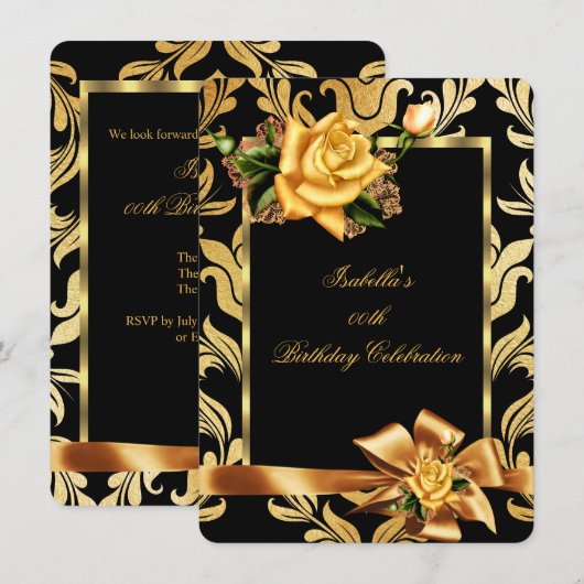 Gold Yellow Rose Bow Black Damask Birthday Party Kaart (Voorkant / Achterkant)