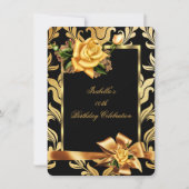 Gold Yellow Rose Bow Black Damask Birthday Party Kaart (Voorkant)