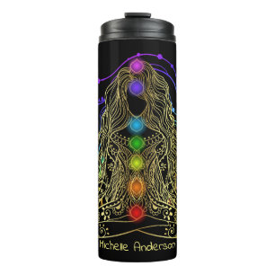 Gold Yoga Girl met Colorful Chakra Travel Mug Thermosbeker