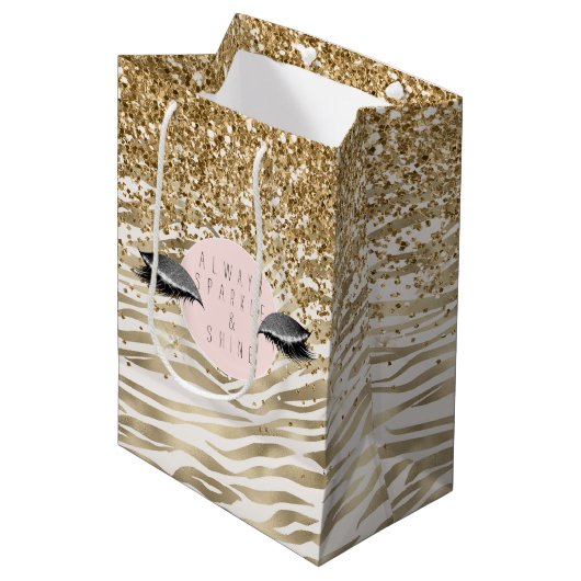 Gold Zebra print Glitzy Eyes Medium Cadeauzakje (Voorkant Gekanteld)