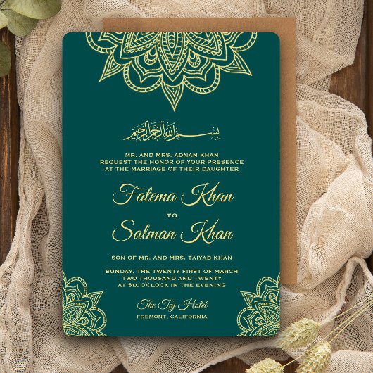 Gold Zee Green Henna Mehndi Islamic Wedding Kaart