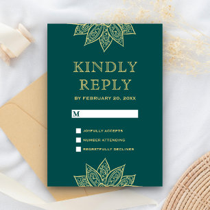 Gold Zee Green Mehendi Henna Indian Wedding RSVP Kaartje