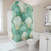 Gold Zee Shell Wave Pattern in Aqua Blauwgroen Douchegordijn (In situ)