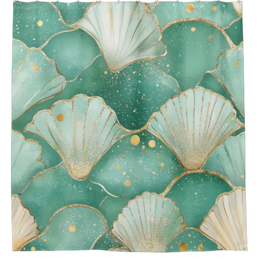 Gold Zee Shell Wave Pattern in Aqua Blauwgroen Douchegordijn (Voorkant)