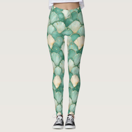 Gold Zee Shell Wave Pattern in Aqua Blauwgroen Leggings (Voorkant)