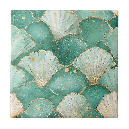 Gold Zee Shell Wave Pattern in Aqua Blauwgroen Tegeltje (Voorkant)
