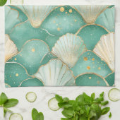 Gold Zee Shell Wave Pattern in Aqua Blauwgroen Theedoek (Gevouwen)