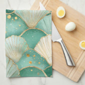 Gold Zee Shell Wave Pattern in Aqua Blauwgroen Theedoek (Quarter Fold)
