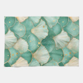 Gold Zee Shell Wave Pattern in Aqua Blauwgroen Theedoek (Horizontaal)