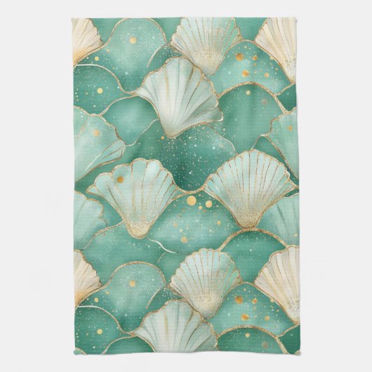 Gold Zee Shell Wave Pattern in Aqua Blauwgroen Theedoek (Verticaal)